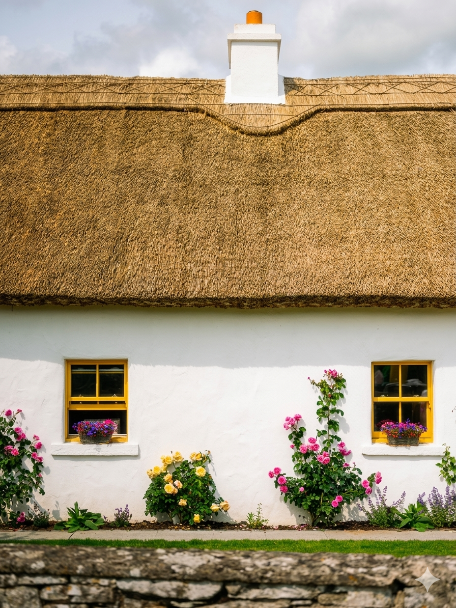 The farmhouse windows looking out onto the fields — morning mist over the hills
